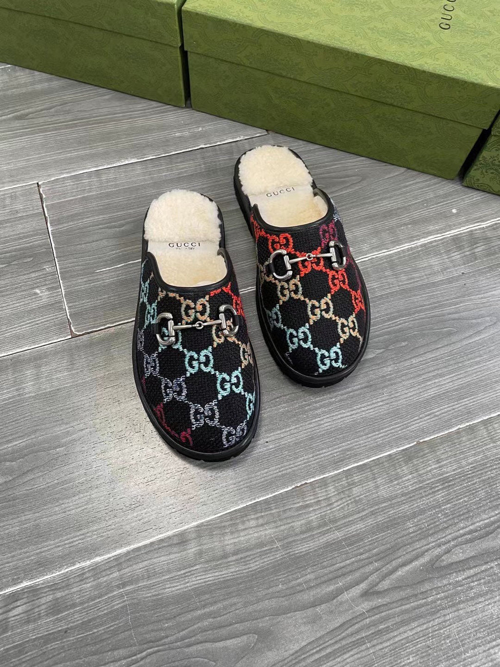 GG SUPREME MULE IN COLORFUL CANVAS AND WOOL LINING