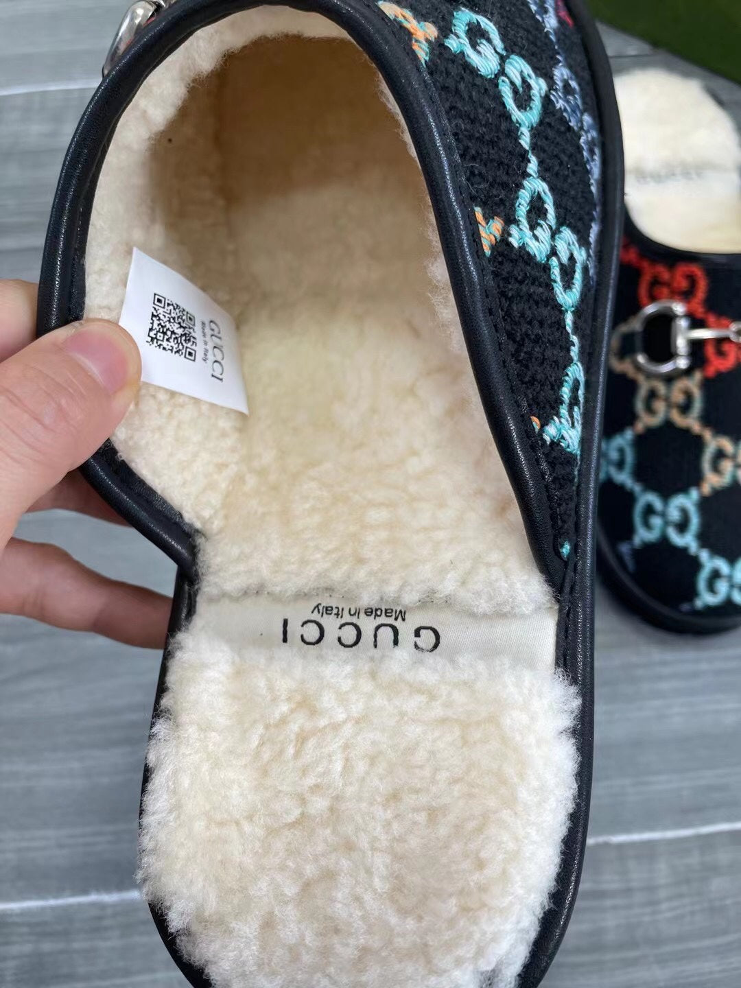 GG SUPREME MULE IN COLORFUL CANVAS AND WOOL LINING