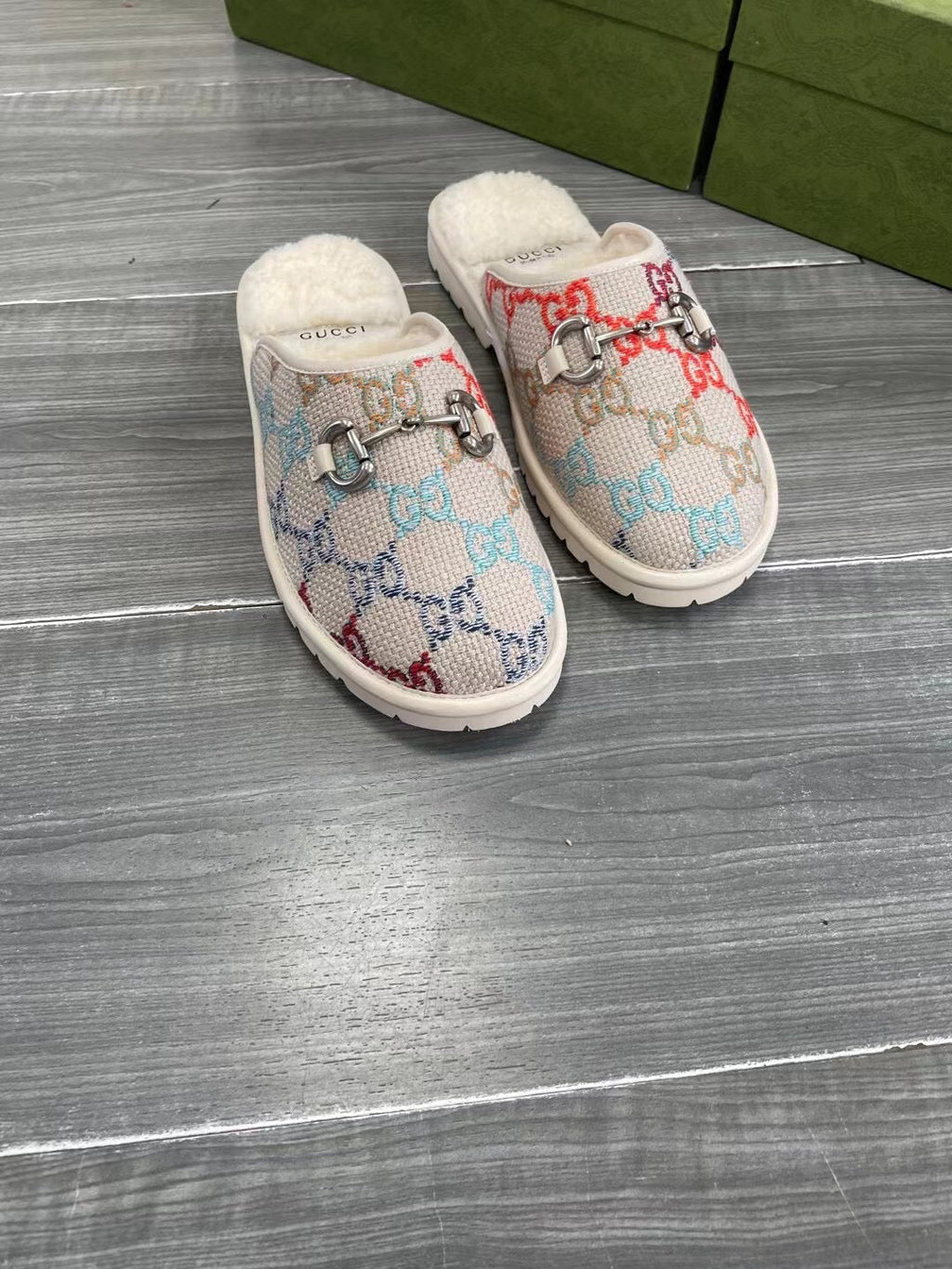 GG SUPREME MULE IN COLORFUL CANVAS AND WOOL LINING