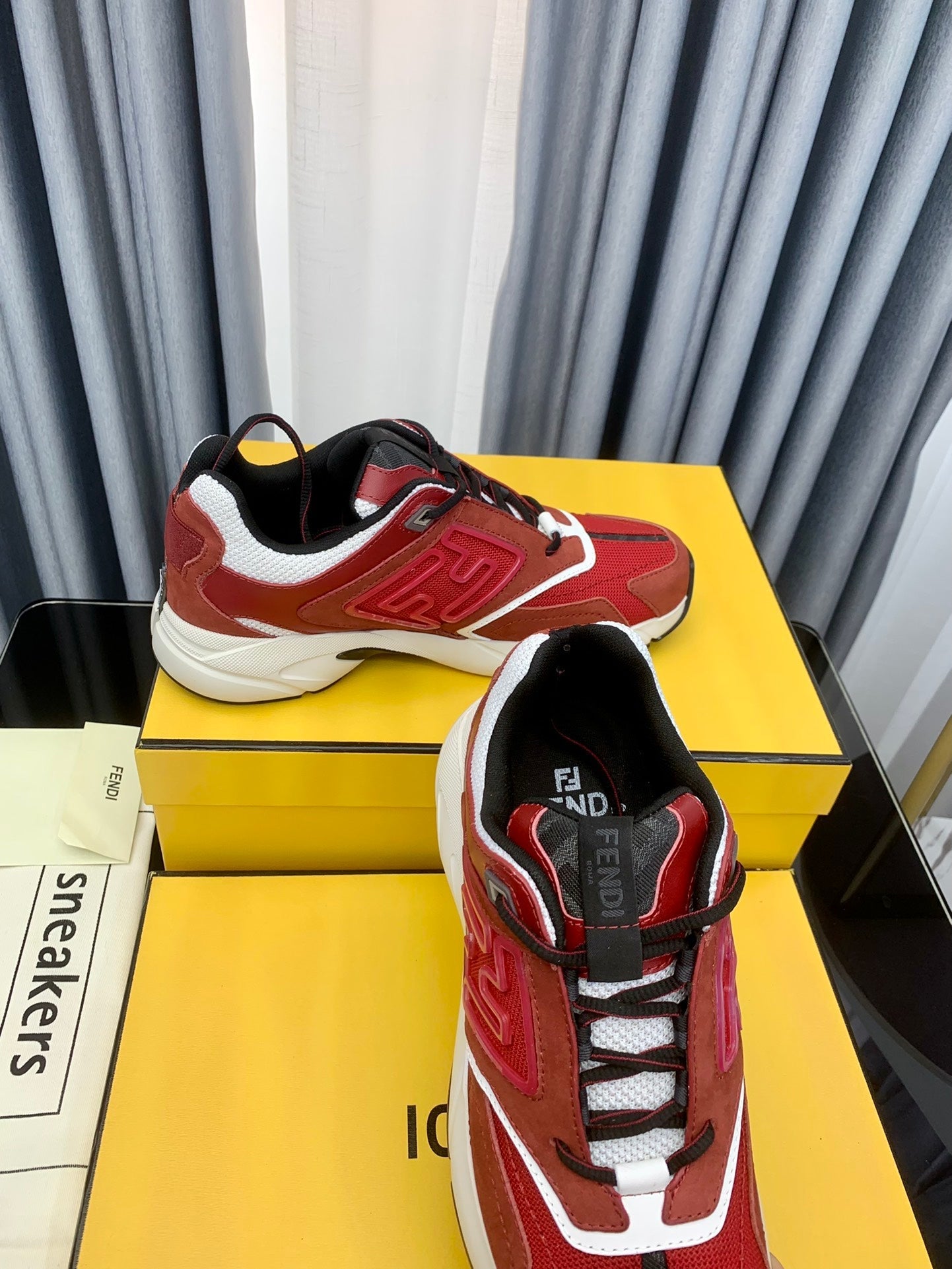 FENDI FASTER TRAINER IN BURGUNDY RED SUEDE AND CALFSKIN