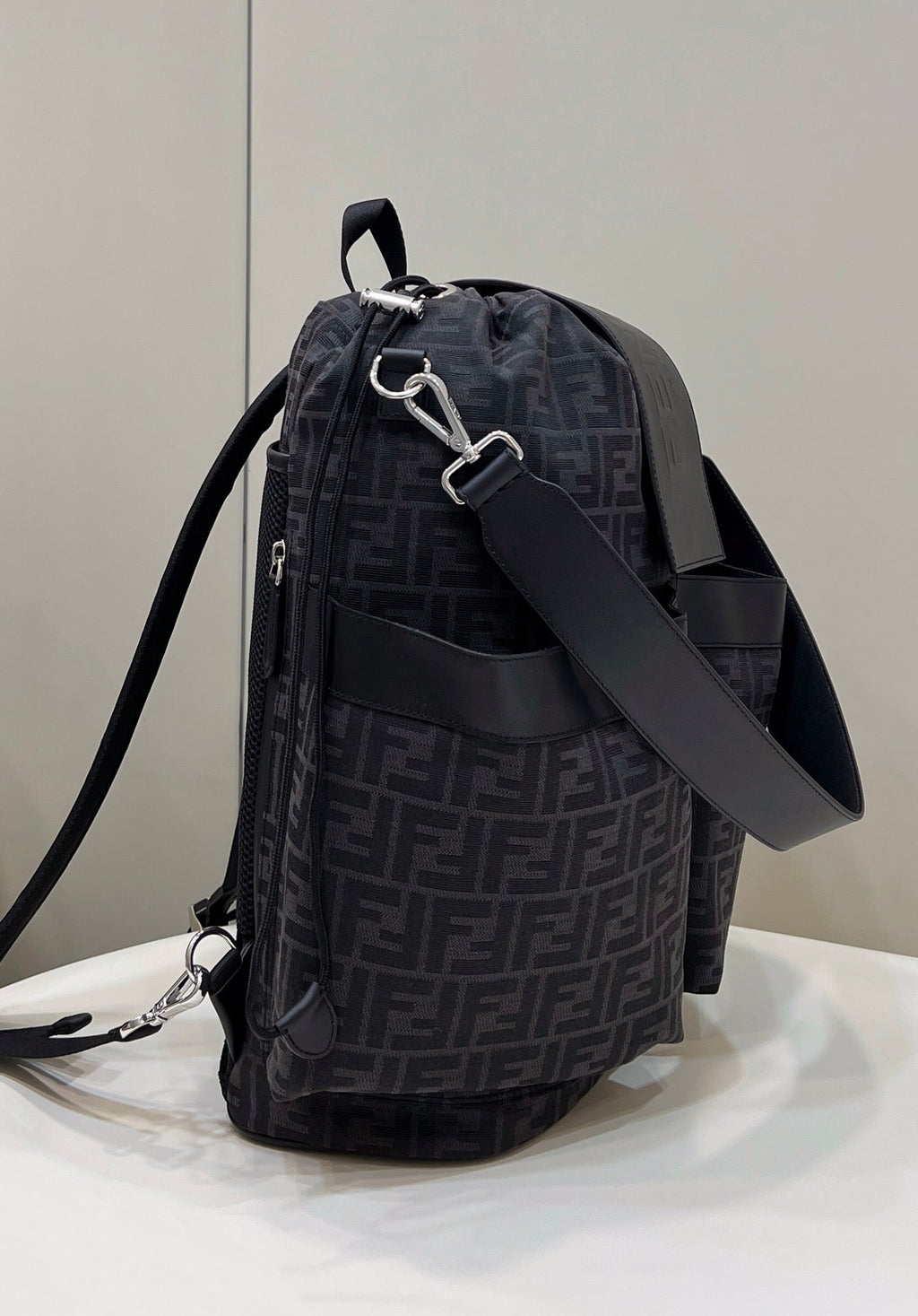 FENDI STRIKE LARGE 46 FF BLACK JACQUARD FABRIC BACKPACK