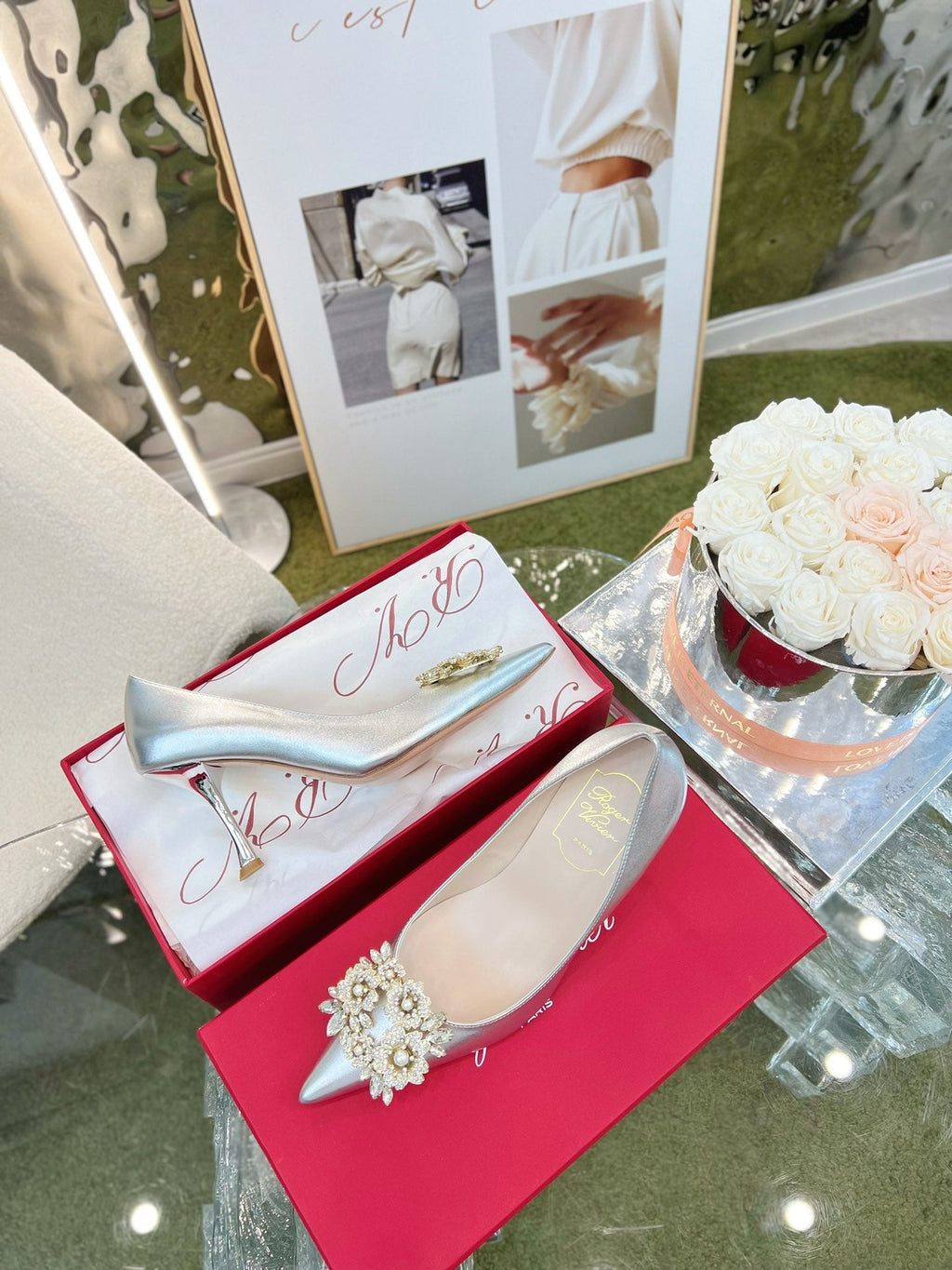 EFFLORESCENCE POINTED-TOE PUMPS 85MM IN SILVER SATIN WITH CRYSTAL BUCKLE