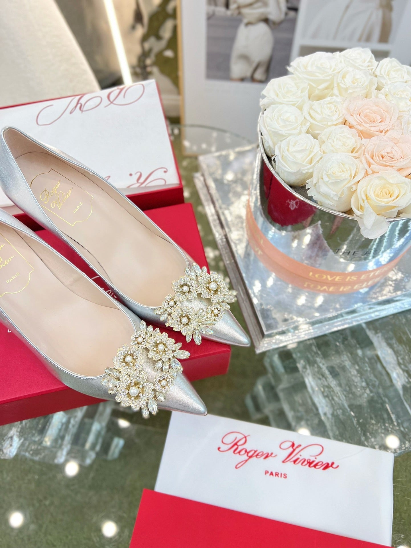 EFFLORESCENCE POINTED-TOE PUMPS 85MM IN SILVER SATIN WITH CRYSTAL BUCKLE