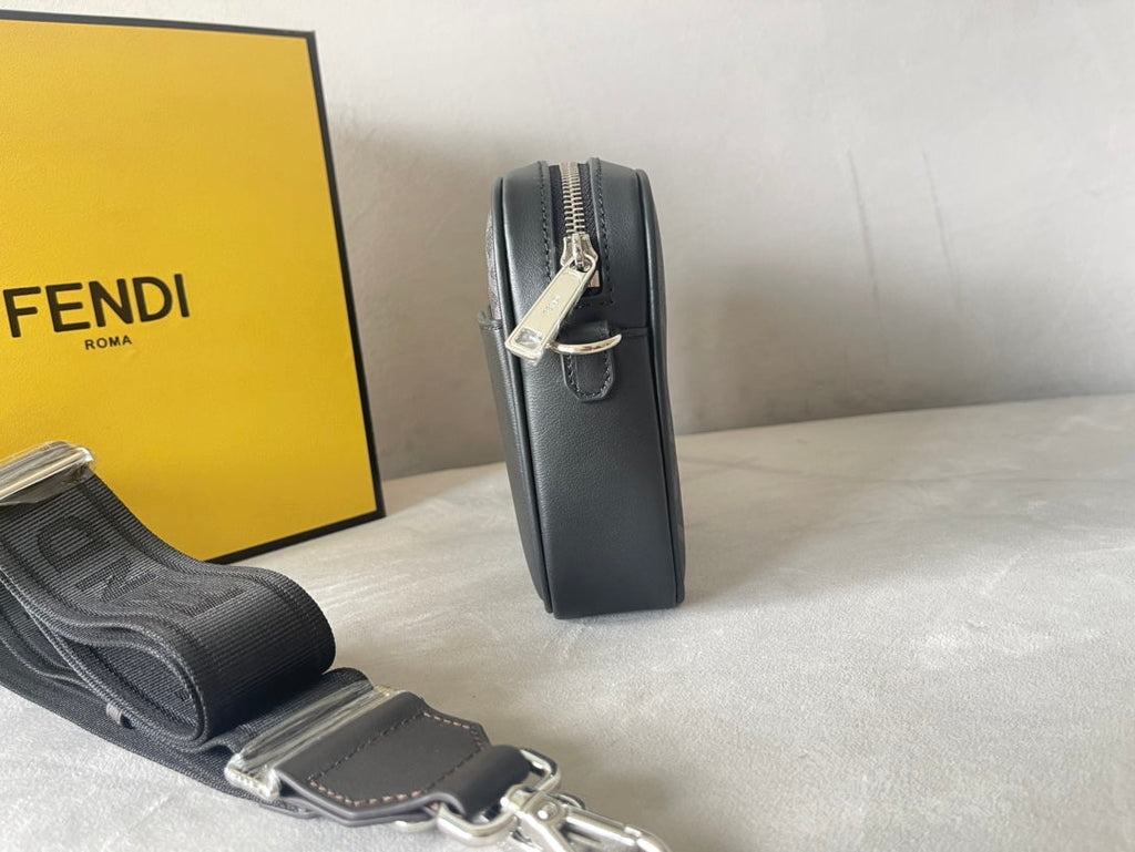 FENDI ROMA 22 CLUTCH BAG IN DARK GREY FF CALFSKIN SILVER HARDWARE WITH WHITE LOGO