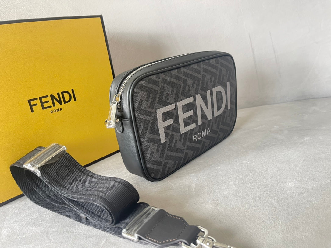 FENDI ROMA 22 CLUTCH BAG IN DARK GREY FF CALFSKIN SILVER HARDWARE WITH WHITE LOGO
