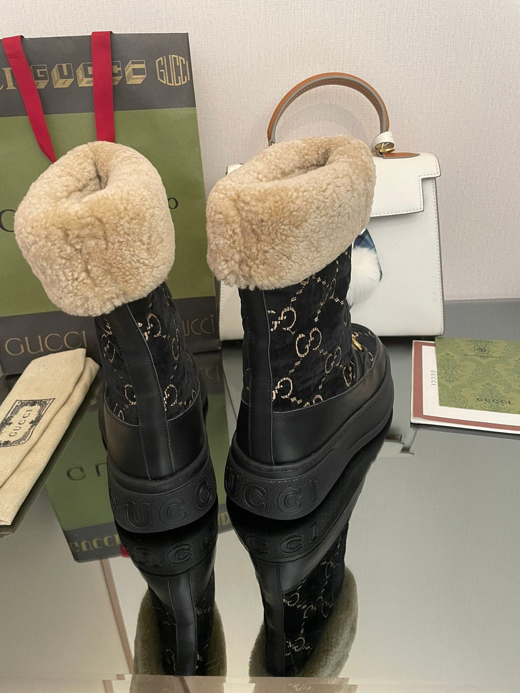 HORSEBIT SNOW ANKLE BOOTS IN BLACK MONOGRAM VELVET MIX CALFSKIN AND LAMB WOOL LINING