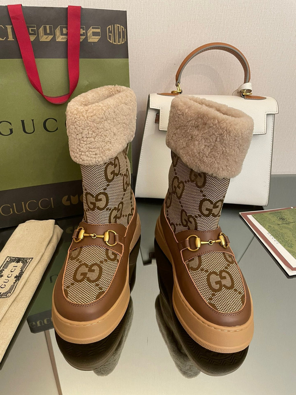 HORSEBIT SNOW ANKLE BOOTS IN ECRU BEIGE MONOGRAM JACQUARD FABRIC MIX BROWN CALFSKIN AND LAMB WOOL LINING