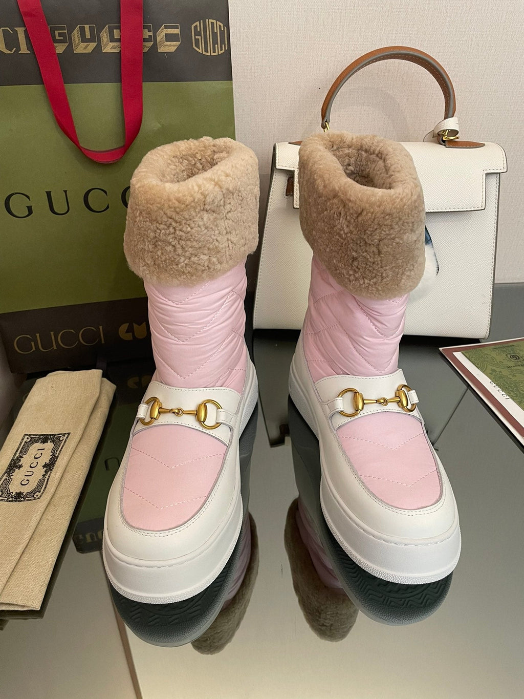 HORSEBIT ANKLE BOOTS WITH MERINO TRIM IN LIGHT PINK NYLON MIX WHITE CALFSKIN