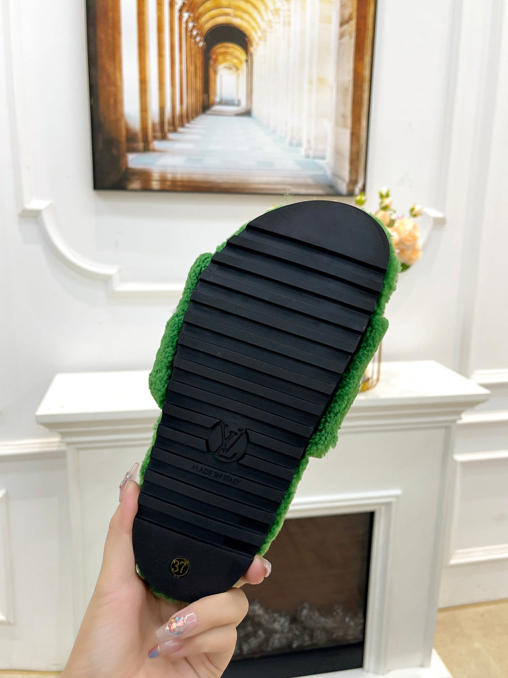 LV FLAT SLIPPER IN EMERALD GREEN MIX WHITE SHEARLING