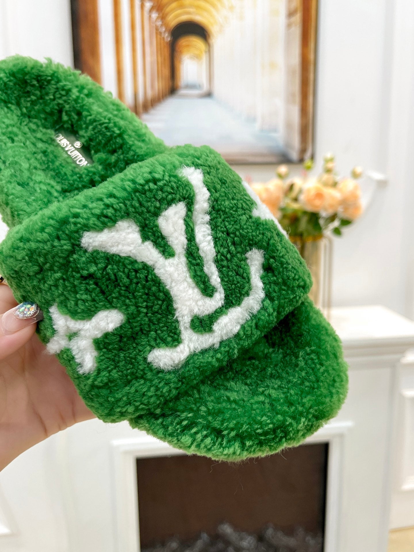 LV FLAT SLIPPER IN EMERALD GREEN MIX WHITE SHEARLING