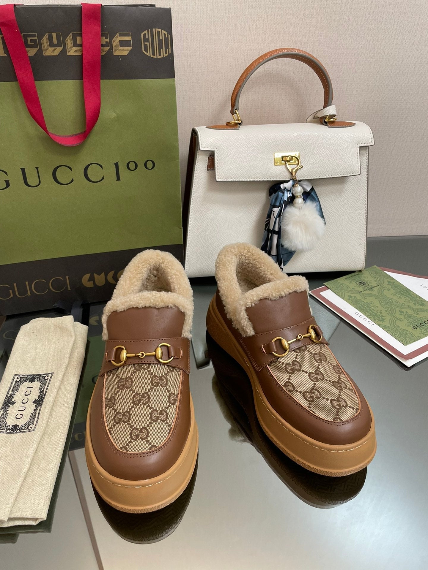 GG LOAFER IN PEANUT BROWN JACQUARD AND CHOCOLATE BROWN CALFSKIN WITH BEIGE WOOL LINING