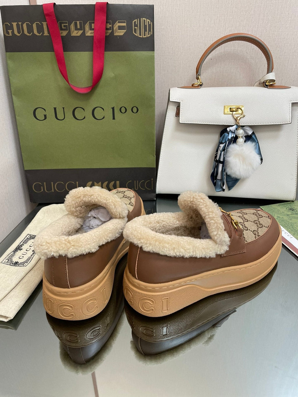 GG LOAFER IN PEANUT BROWN JACQUARD AND CHOCOLATE BROWN CALFSKIN WITH BEIGE WOOL LINING