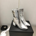 BLOCK HEEL ANKLE BOOTS IN SILVER CALFSKIN