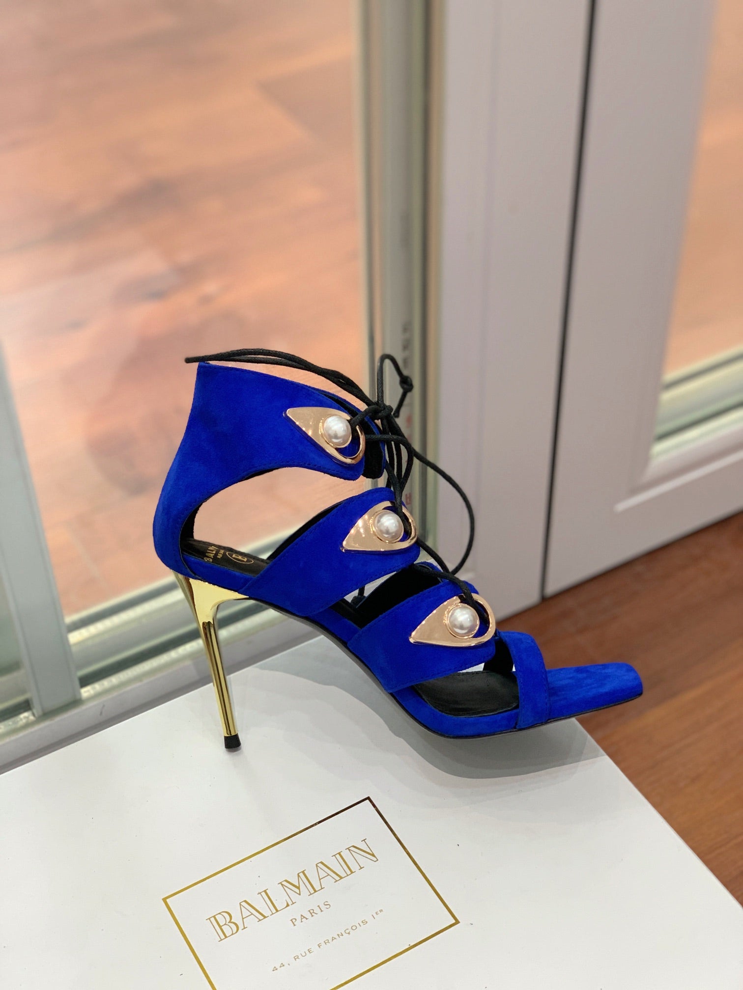 BALMAIN 25S HIGH HEELS 95MM IN DARK BLUE SUEDE WITH PEARL