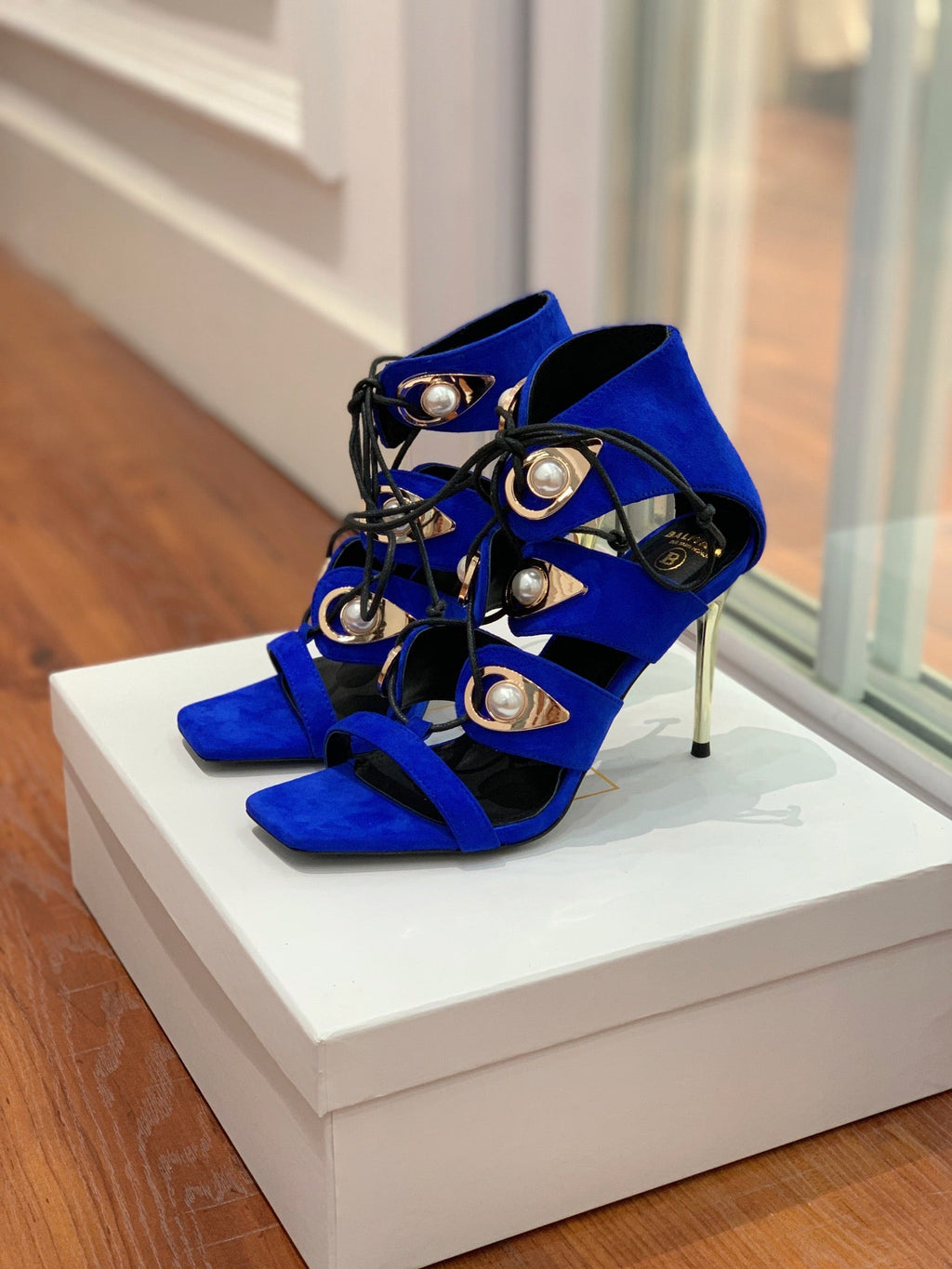 BALMAIN 25S HIGH HEELS 95MM IN DARK BLUE SUEDE WITH PEARL