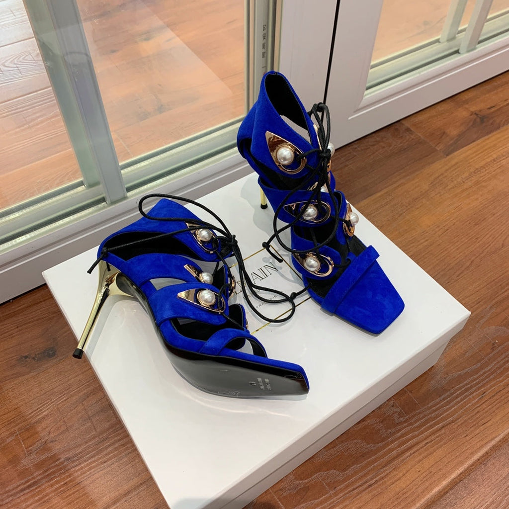 BALMAIN 25S HIGH HEELS 95MM IN DARK BLUE SUEDE WITH PEARL