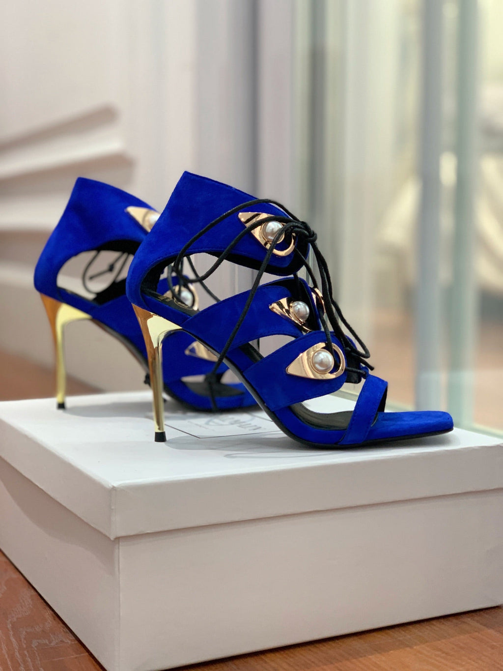 BALMAIN 25S HIGH HEELS 95MM IN DARK BLUE SUEDE WITH PEARL