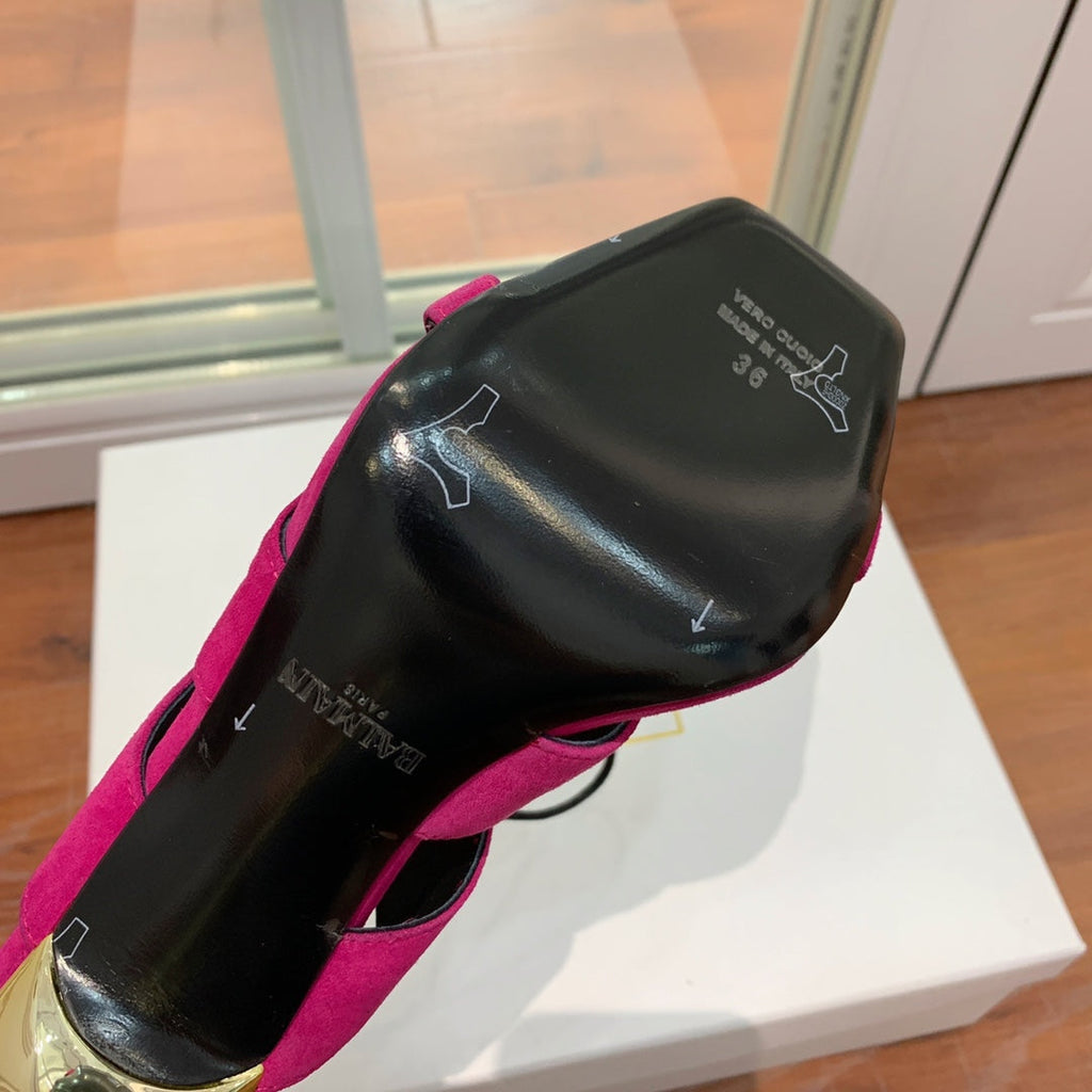 BALMAIN 25S HIGH HEELS 95MM IN FUCHSIA SUEDE WITH PEARL