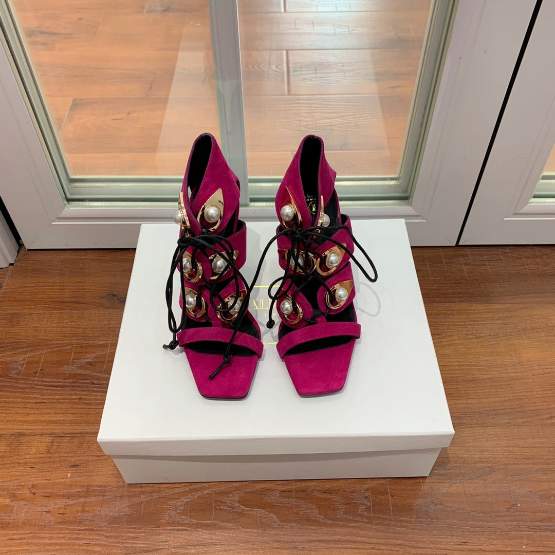 BALMAIN 25S HIGH HEELS 95MM IN FUCHSIA SUEDE WITH PEARL