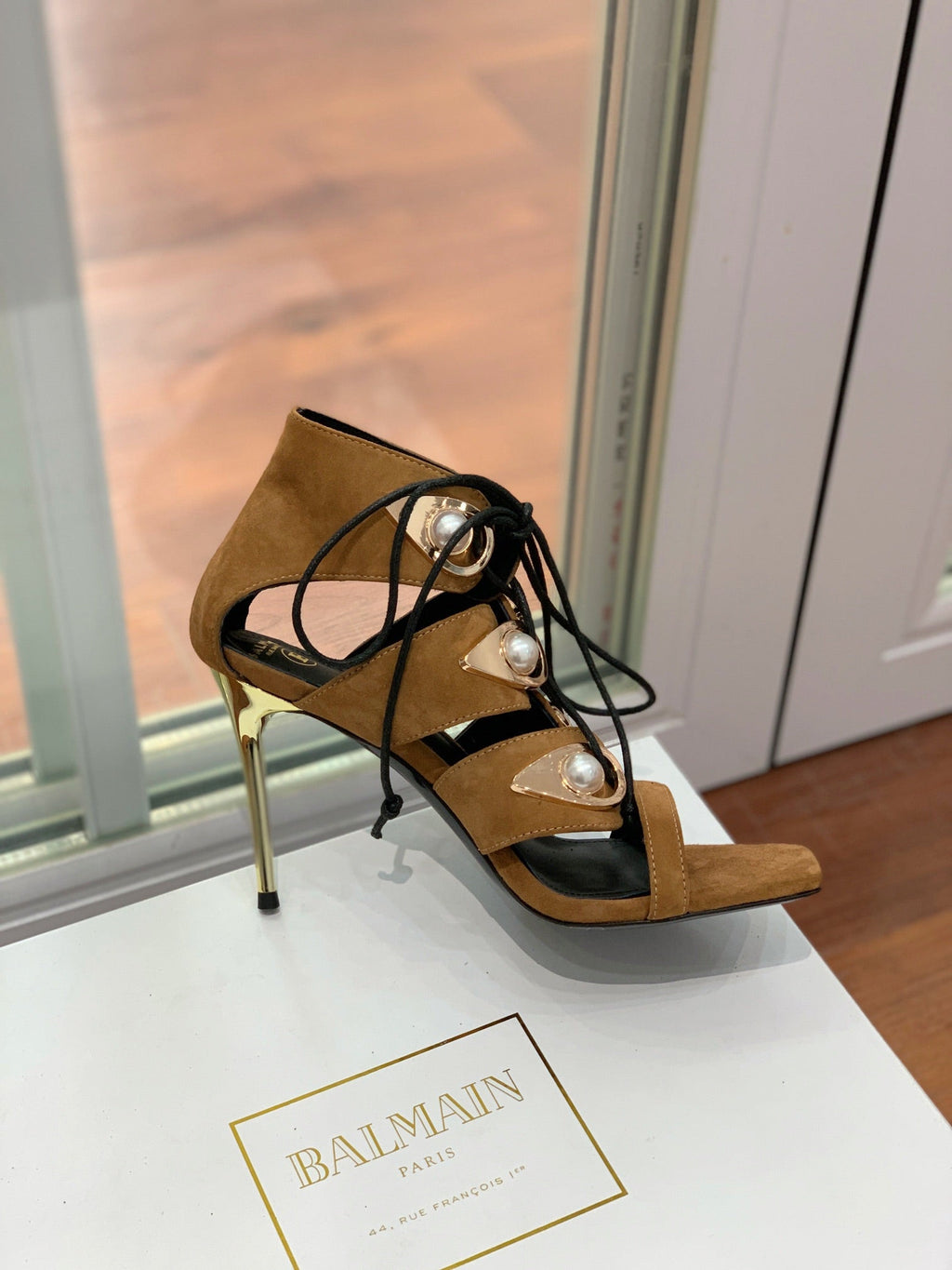 BALMAIN 25S HIGH HEELS 95MM IN DARK BROWN SUEDE WITH PEARL