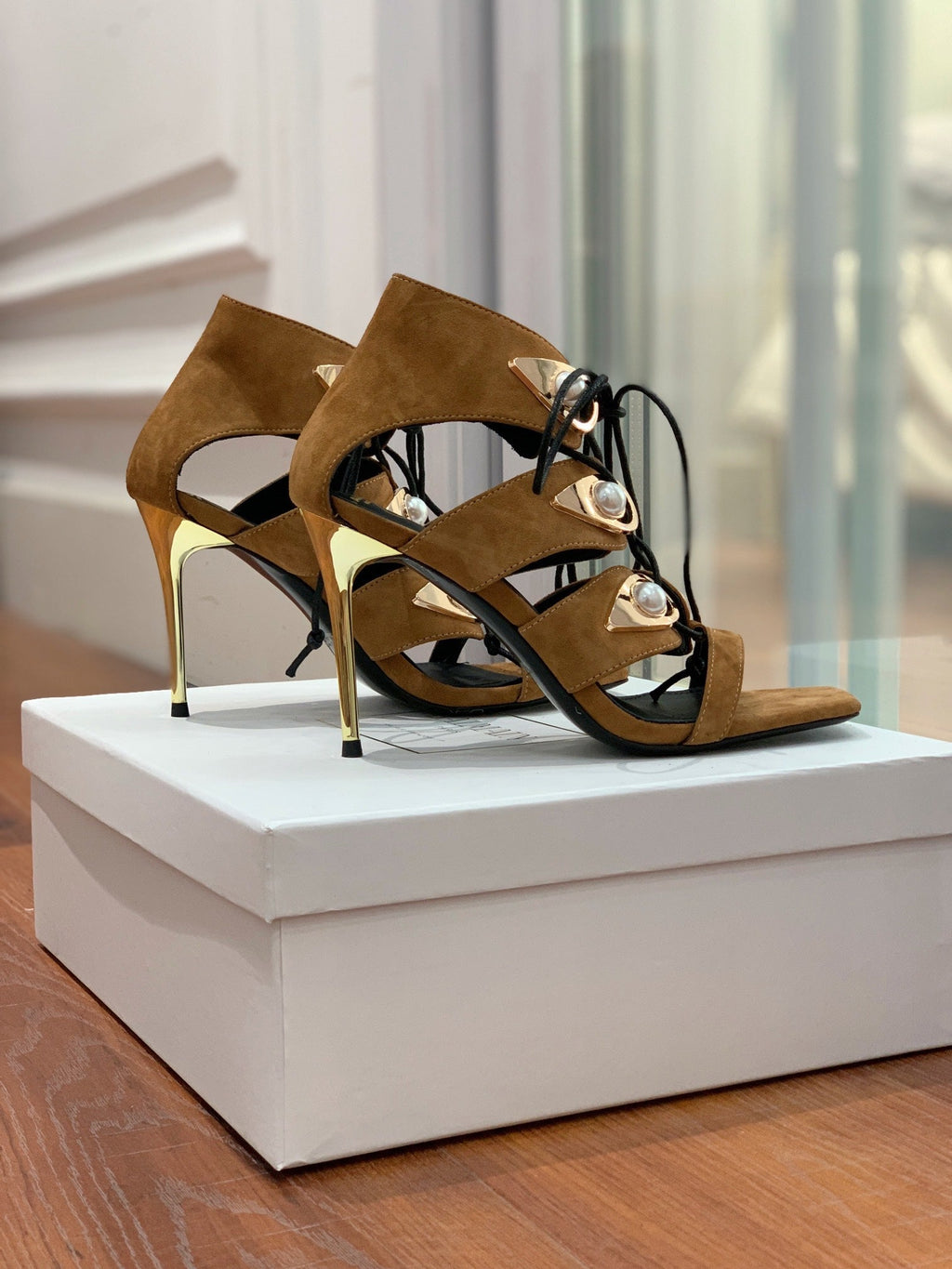 BALMAIN 25S HIGH HEELS 95MM IN DARK BROWN SUEDE WITH PEARL