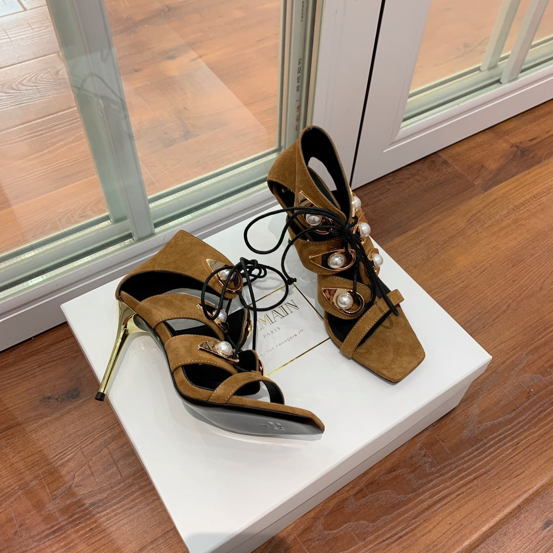 BALMAIN 25S HIGH HEELS 95MM IN DARK BROWN SUEDE WITH PEARL