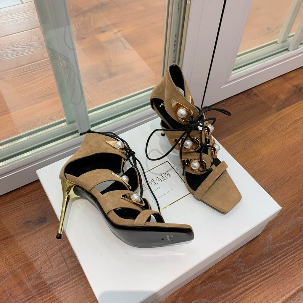 BALMAIN 25S HIGH HEELS 95MM IN LIGHT BROWN SUEDE WITH PEARL