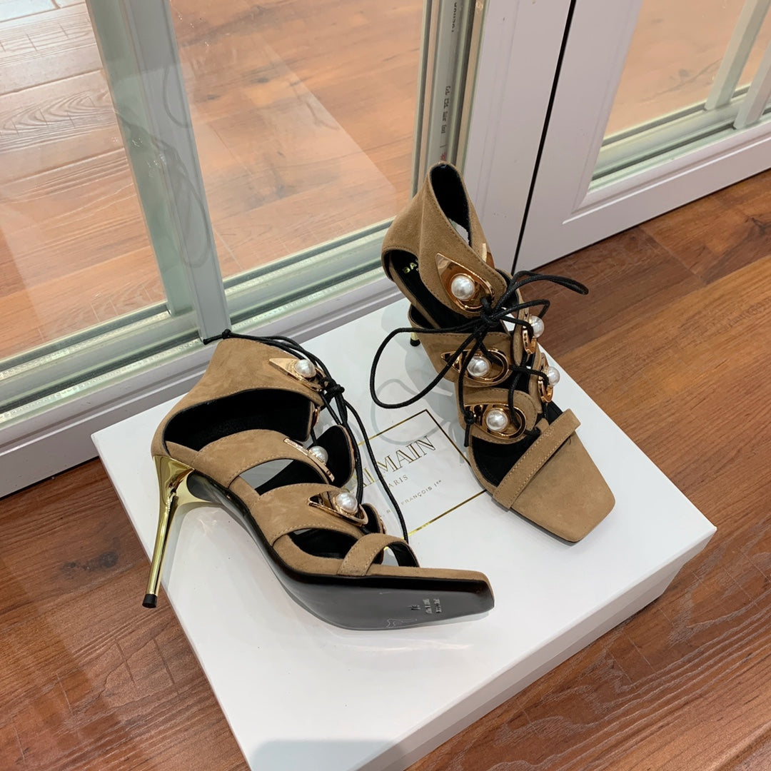BALMAIN 25S HIGH HEELS 95MM IN LIGHT BROWN SUEDE WITH PEARL