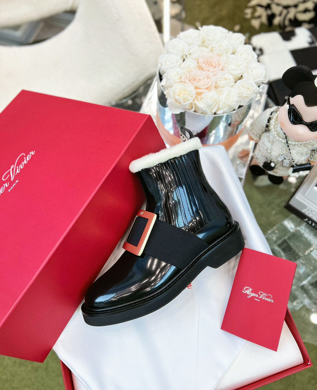 VIV' RANGERS CHELSEA BOOTIES IN PATENT BLACK CALFSKIN FLEECE LINING GOLD BUCKLE