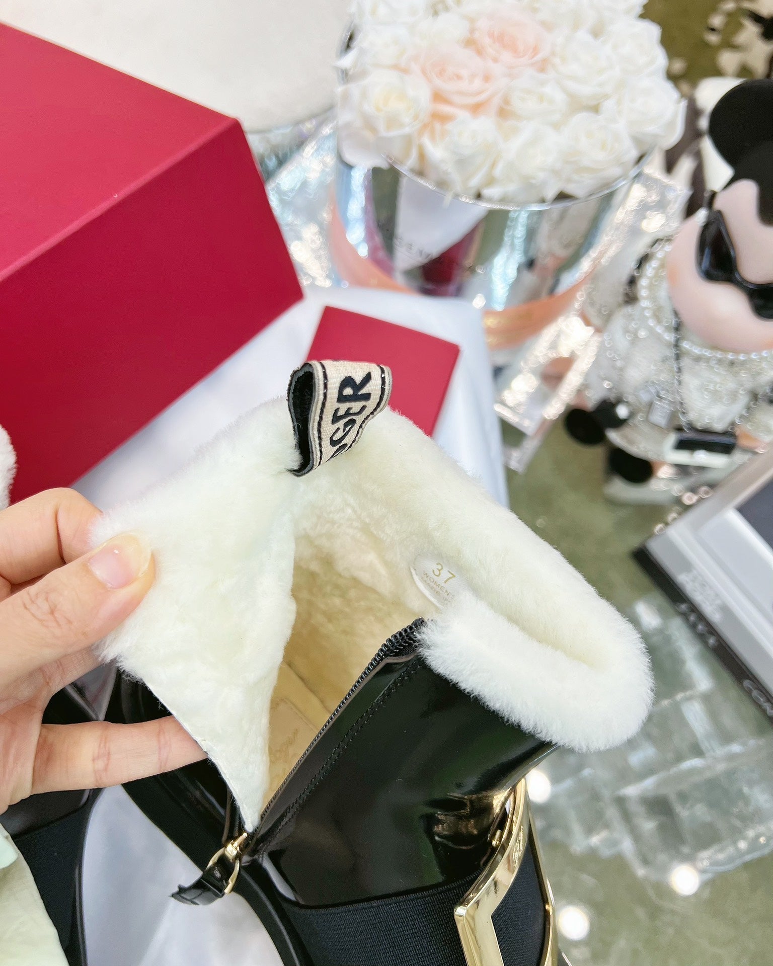 VIV' RANGERS CHELSEA BOOTIES IN PATENT BLACK CALFSKIN FLEECE LINING GOLD BUCKLE