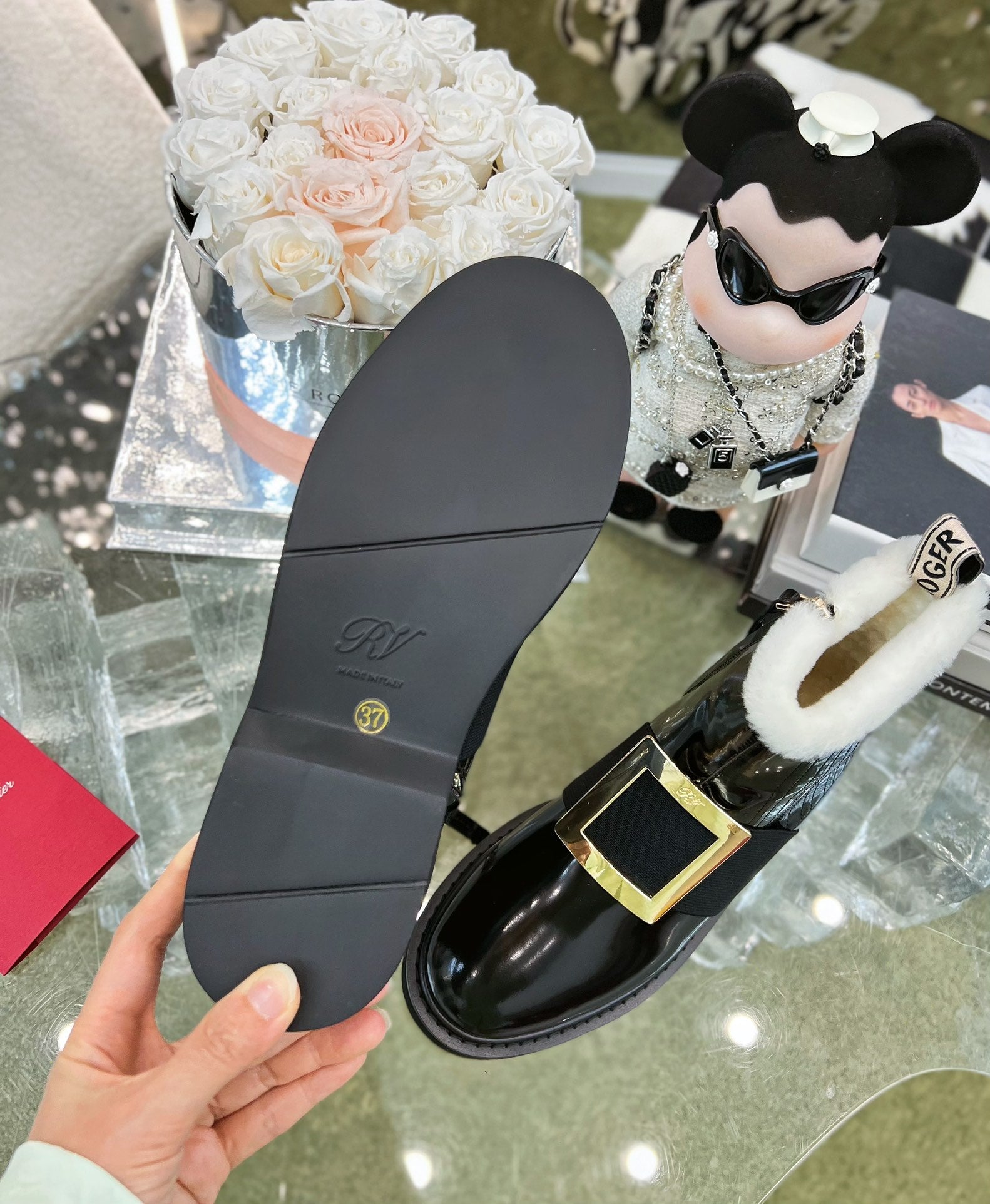 VIV' RANGERS CHELSEA BOOTIES IN PATENT BLACK CALFSKIN FLEECE LINING GOLD BUCKLE