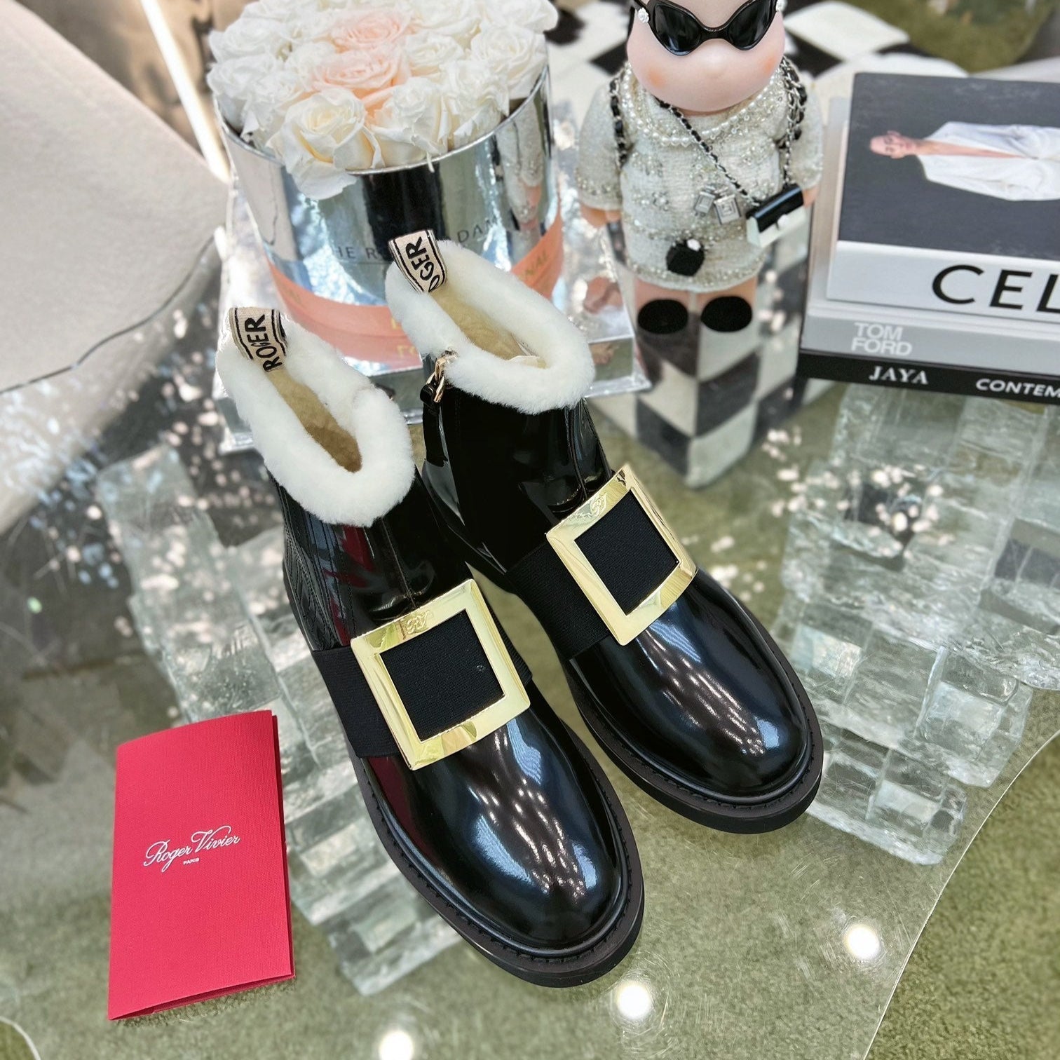 VIV' RANGERS CHELSEA BOOTIES IN PATENT BLACK CALFSKIN FLEECE LINING GOLD BUCKLE