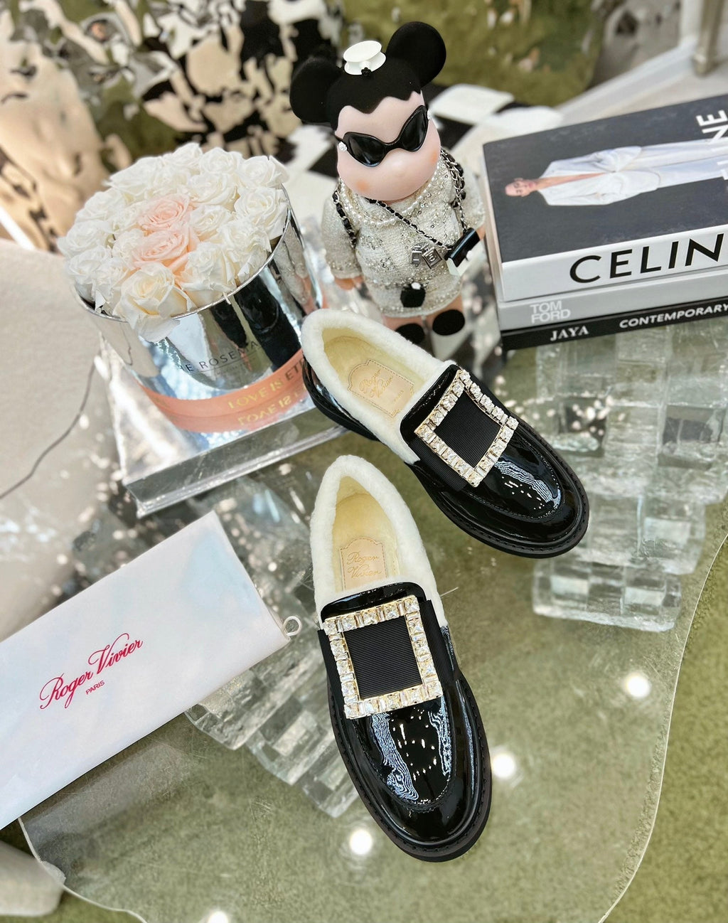 VIV' RANGERS LOAFERS IN BLACK PATENT CALFSKIN FLEECE LINING CRYSTAL BUCKLE