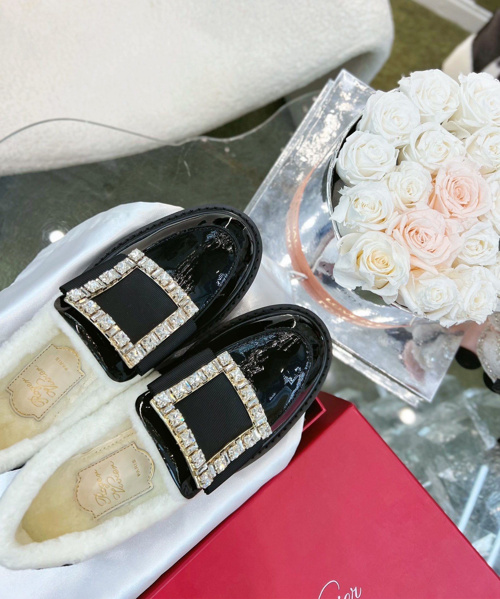 VIV' RANGERS LOAFERS IN BLACK PATENT CALFSKIN FLEECE LINING CRYSTAL BUCKLE