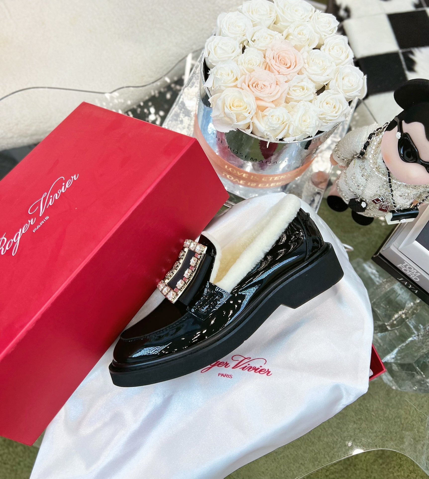 VIV' RANGERS LOAFERS IN BLACK PATENT CALFSKIN FLEECE LINING CRYSTAL BUCKLE