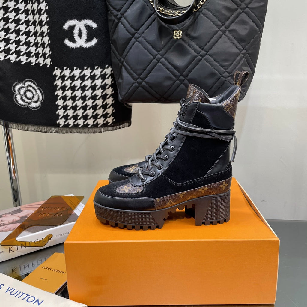 LAUREATE PLATFORM BOOTS IN BLACK SUEDE AND CHOCOLATE BROWN CALFSKIN