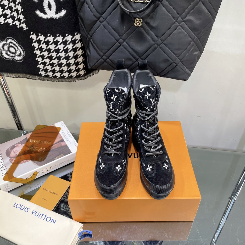 LAUREATE PLATFORM BOOTS IN BLACK MIX WHITE SUEDE AND MONOGRAM JACQUARD PATTERN