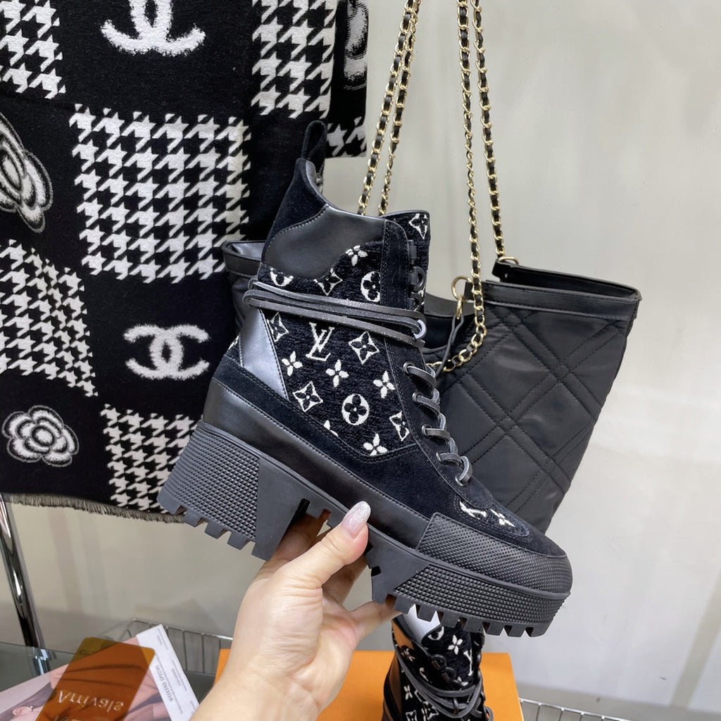 LAUREATE PLATFORM BOOTS IN BLACK MIX WHITE SUEDE AND MONOGRAM JACQUARD PATTERN