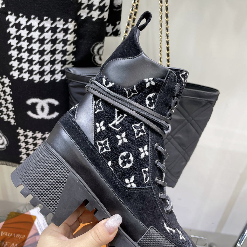 LAUREATE PLATFORM BOOTS IN BLACK MIX WHITE SUEDE AND MONOGRAM JACQUARD PATTERN