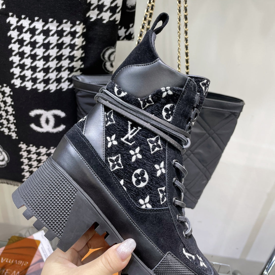 LAUREATE PLATFORM BOOTS IN BLACK MIX WHITE SUEDE AND MONOGRAM JACQUARD PATTERN