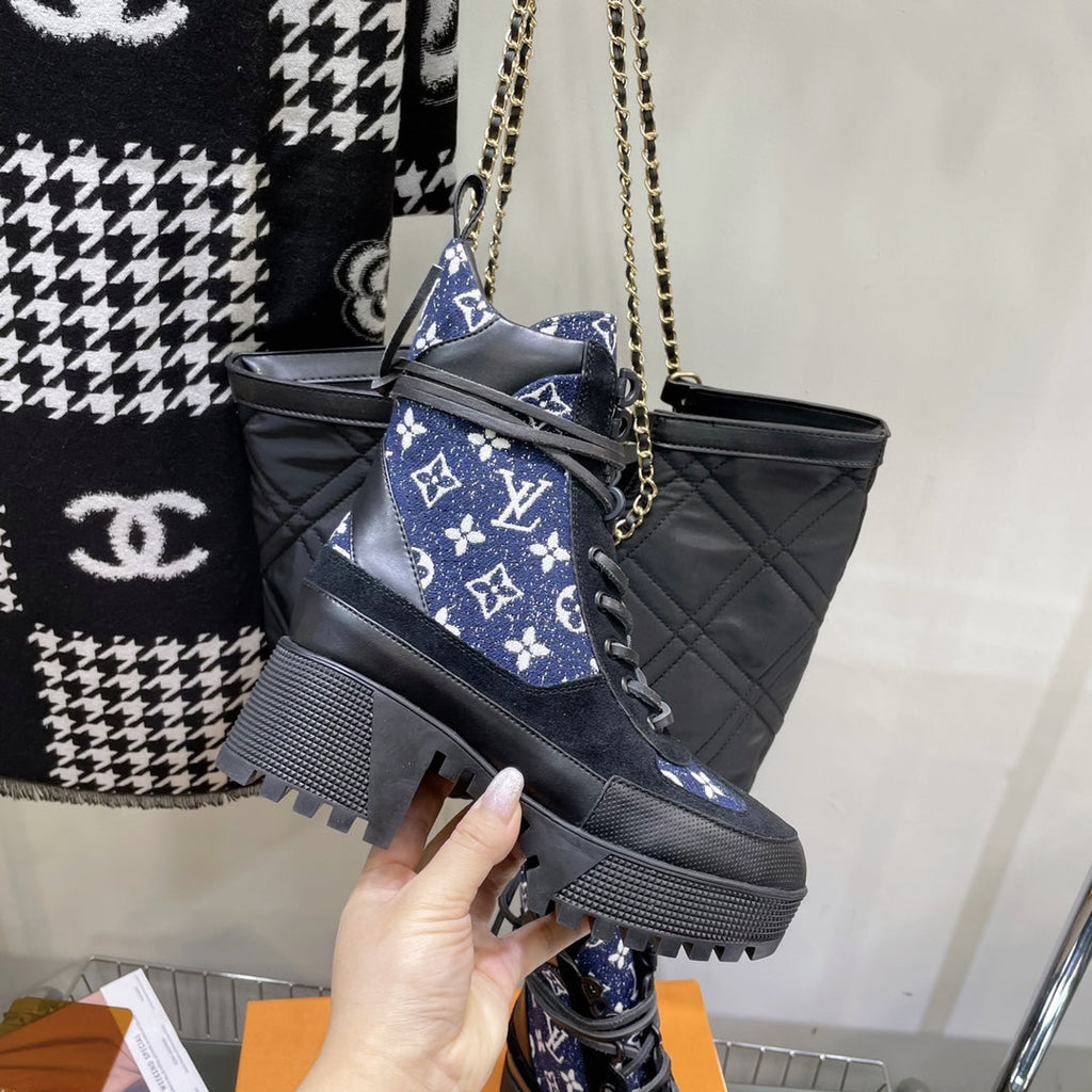 LAUREATE PLATFORM BOOTS IN BLACK SUEDE AND NAVY BLUE MONOGRAM JACQUARD PATTERN