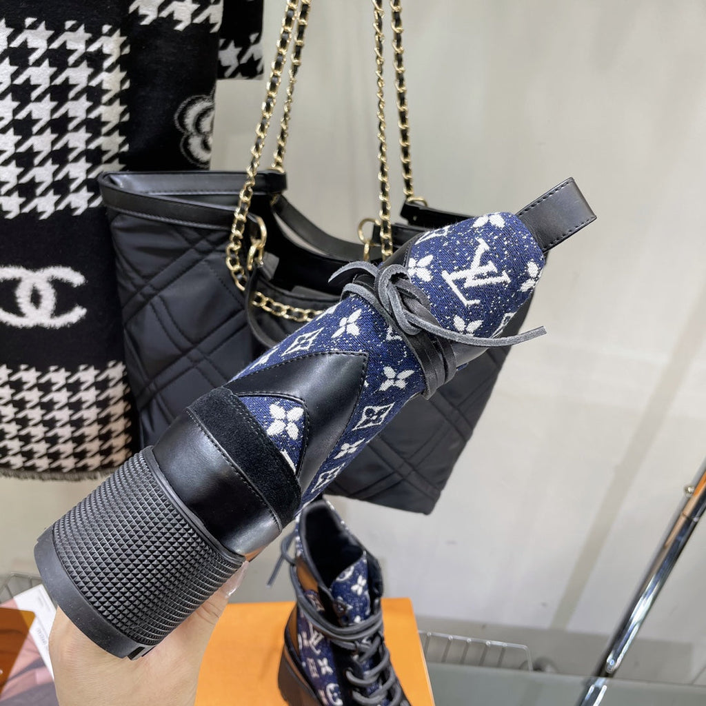 LAUREATE PLATFORM BOOTS IN BLACK SUEDE AND NAVY BLUE MONOGRAM JACQUARD PATTERN