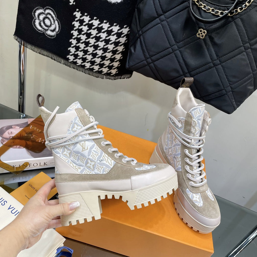 LAUREATE PLATFORM BOOTS IN OAT TAN SUEDE AND MONOGRAM JACQUARD PATTERN