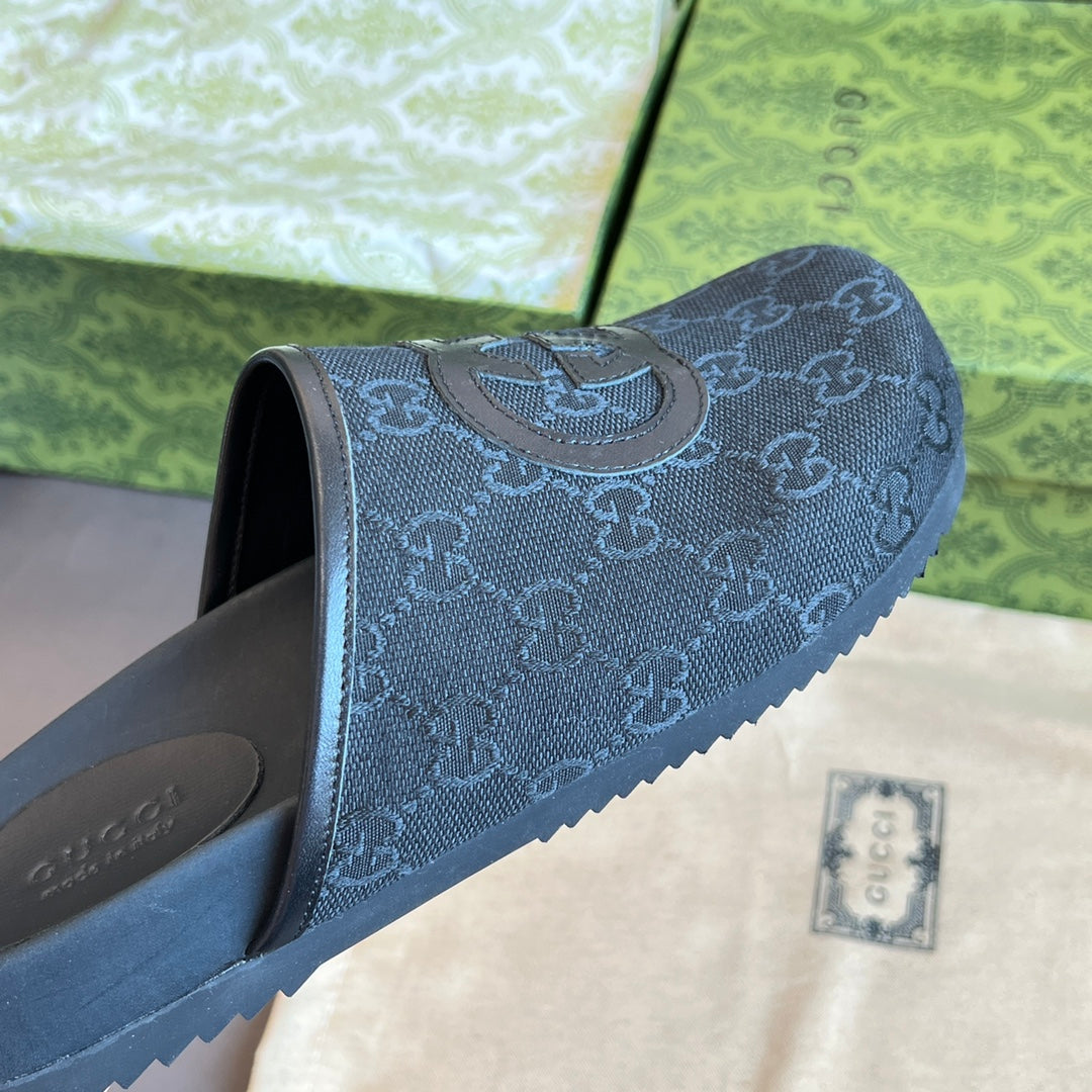 INTERLOCKING G MULE IN BLACK MONOGRAM CANVAS AND LEATHER