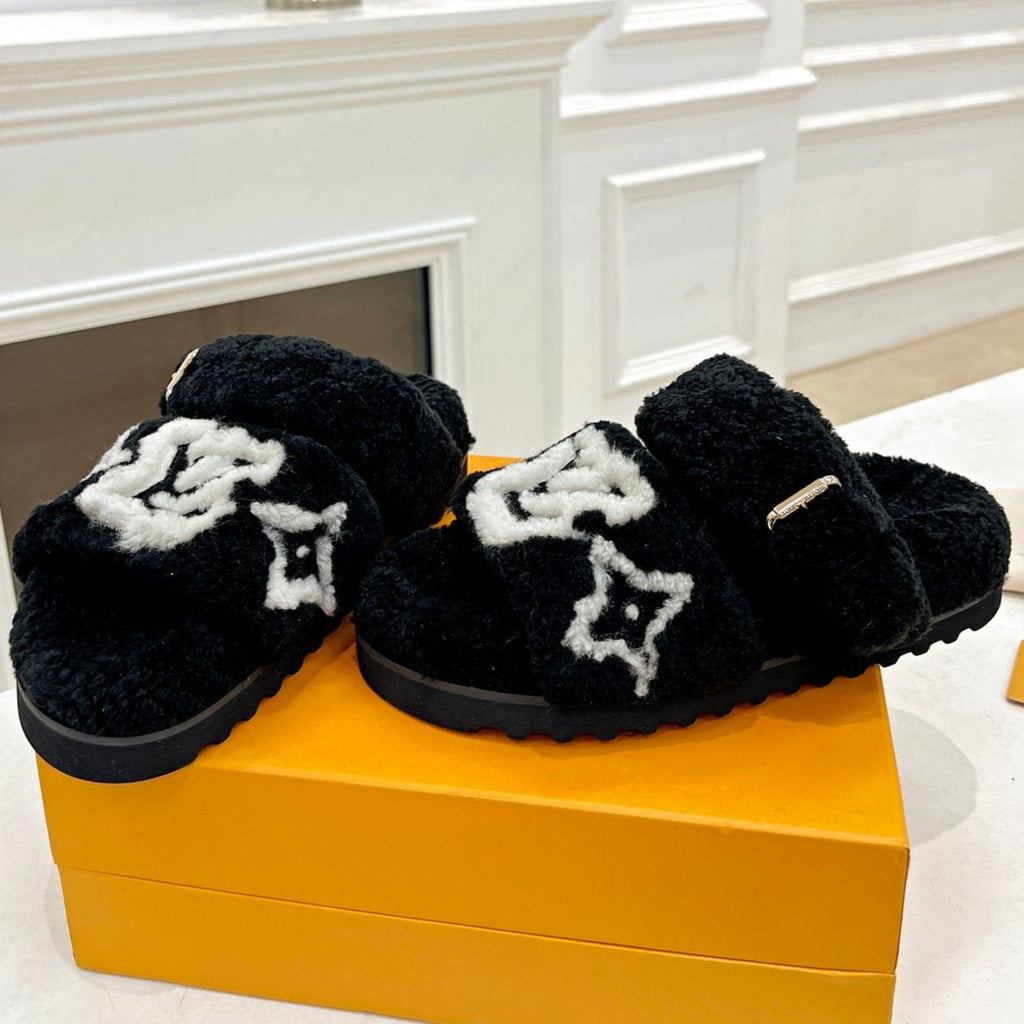 DAD SANDAL MULE IN BLACK MIX WHITE FLEECE