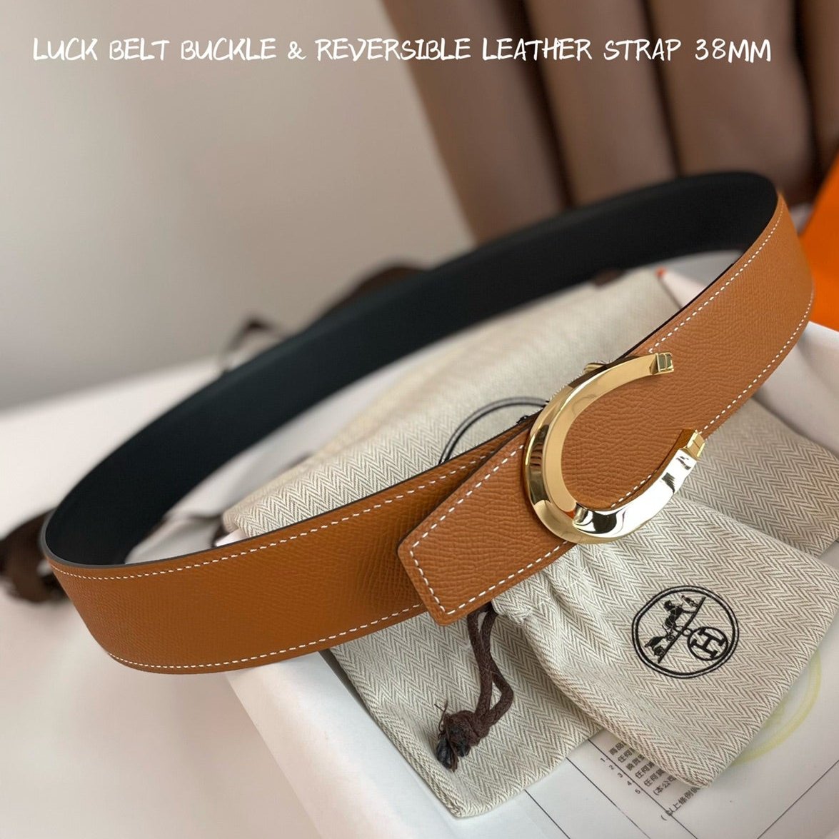 LUCK BELT BUCKLE & REVERSIBLE GINGER ORANGE LEATHER STRAP 38MM GOLDEN HARDWARE