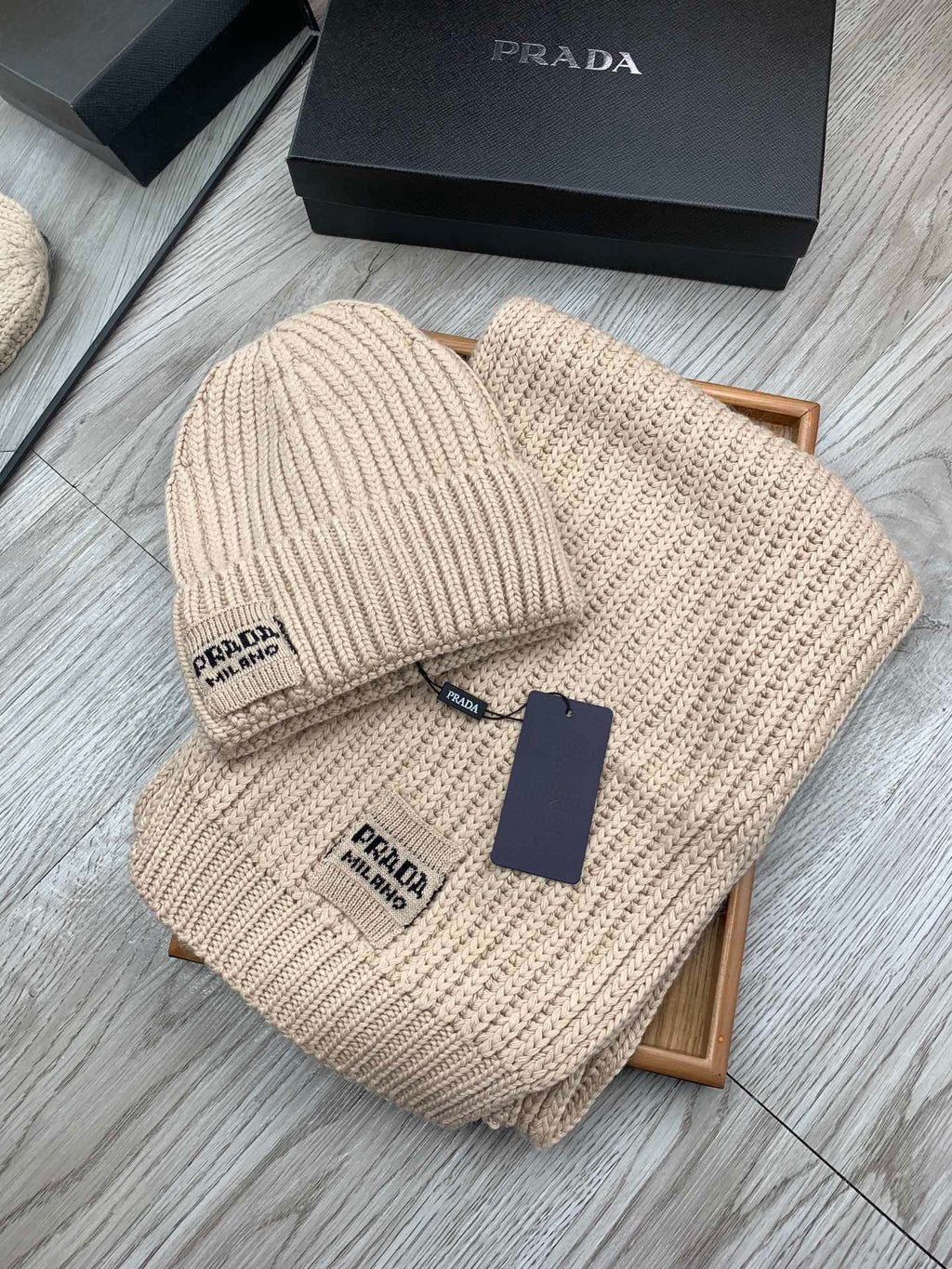 SET SCARF AND HAT IN SAND BROWN WOOL AND RABBIT FUR 388990