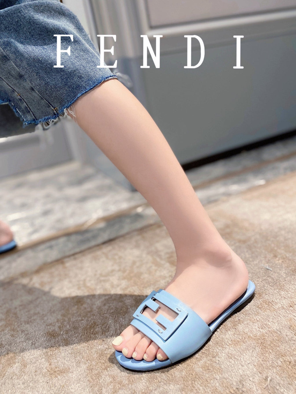 FENDI BAGUETTE SLIDES IN  BABY BLUE LAMBSKIN
