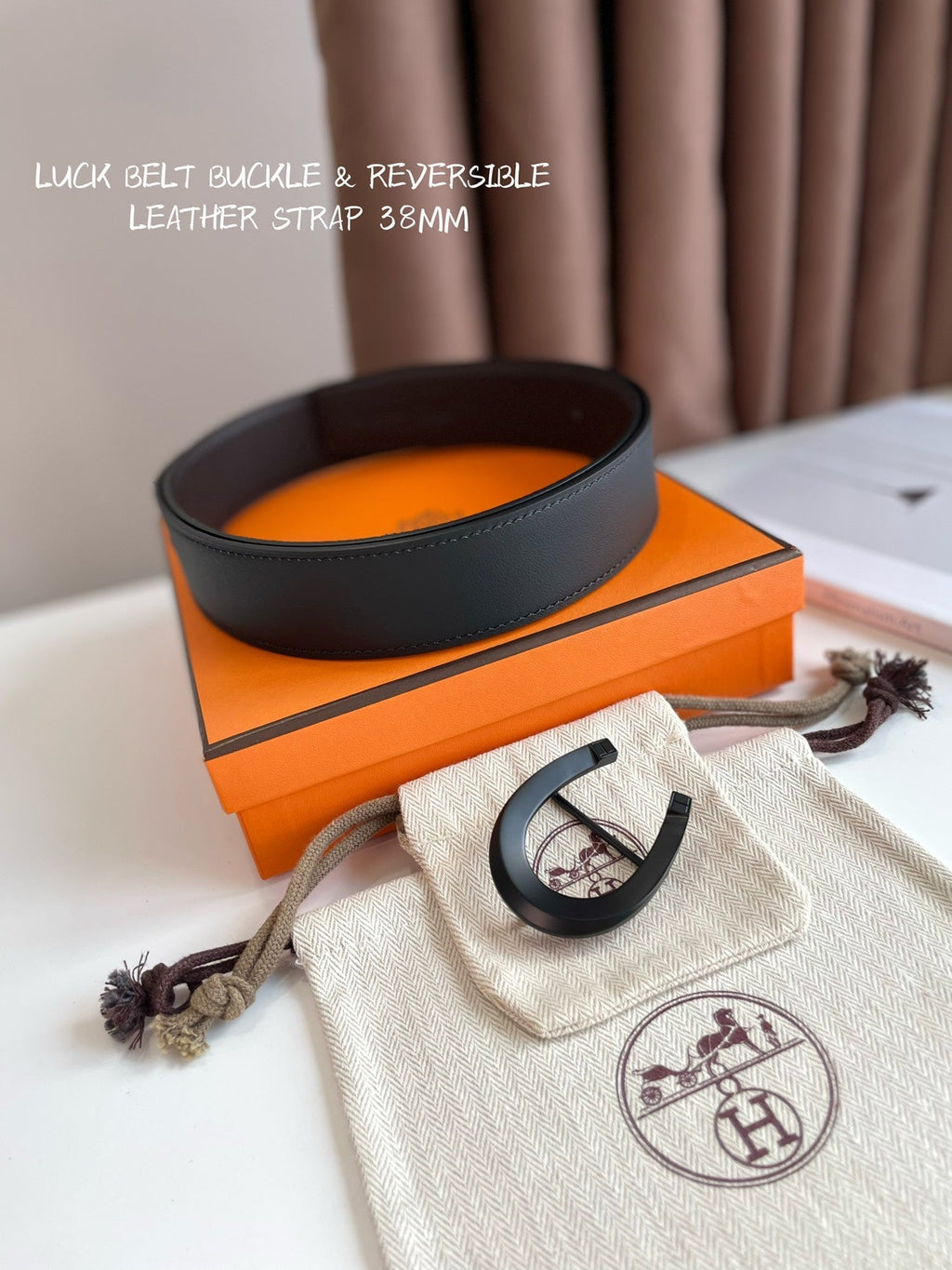 LUCK BELT BUCKLE & REVERSIBLE CHOCOLATE BROWN LEATHER STRAP 38MM BLACK HARDWARE