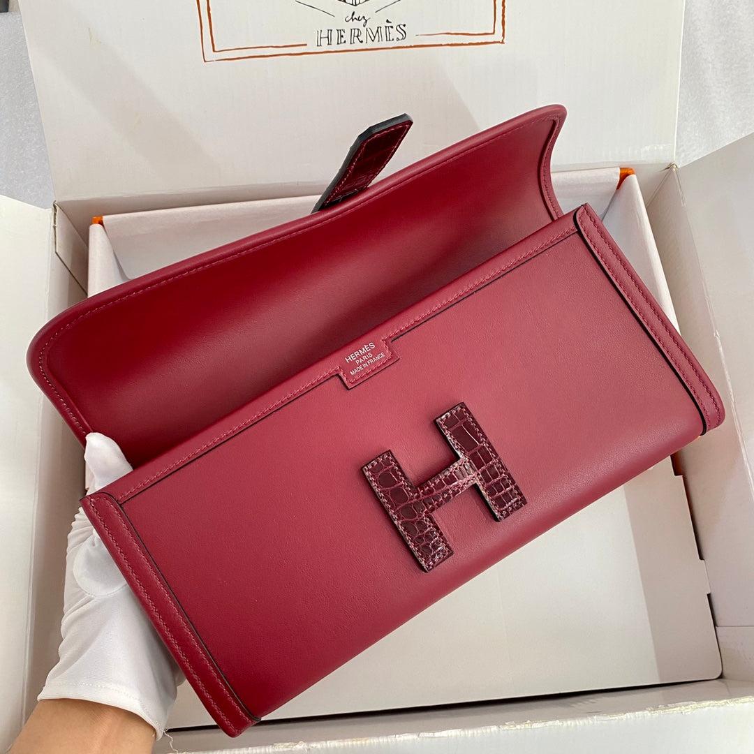 JIGE ELAN 29 CLUTCH IN CHERRY RED CALFSKIN WITH WINE RED LIZARD SKIN